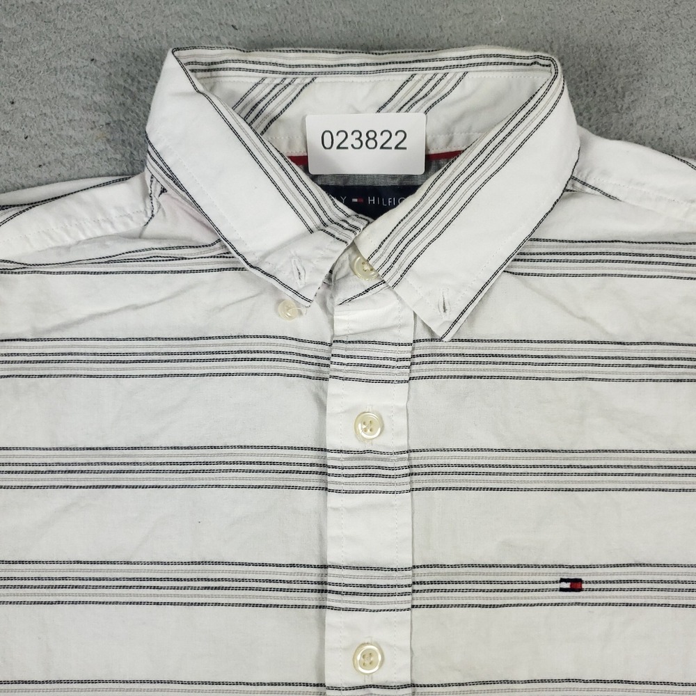 Tommy Hilfiger Shirt Mens Small Gray Striped Button Up Short Sleeve *STAINED*